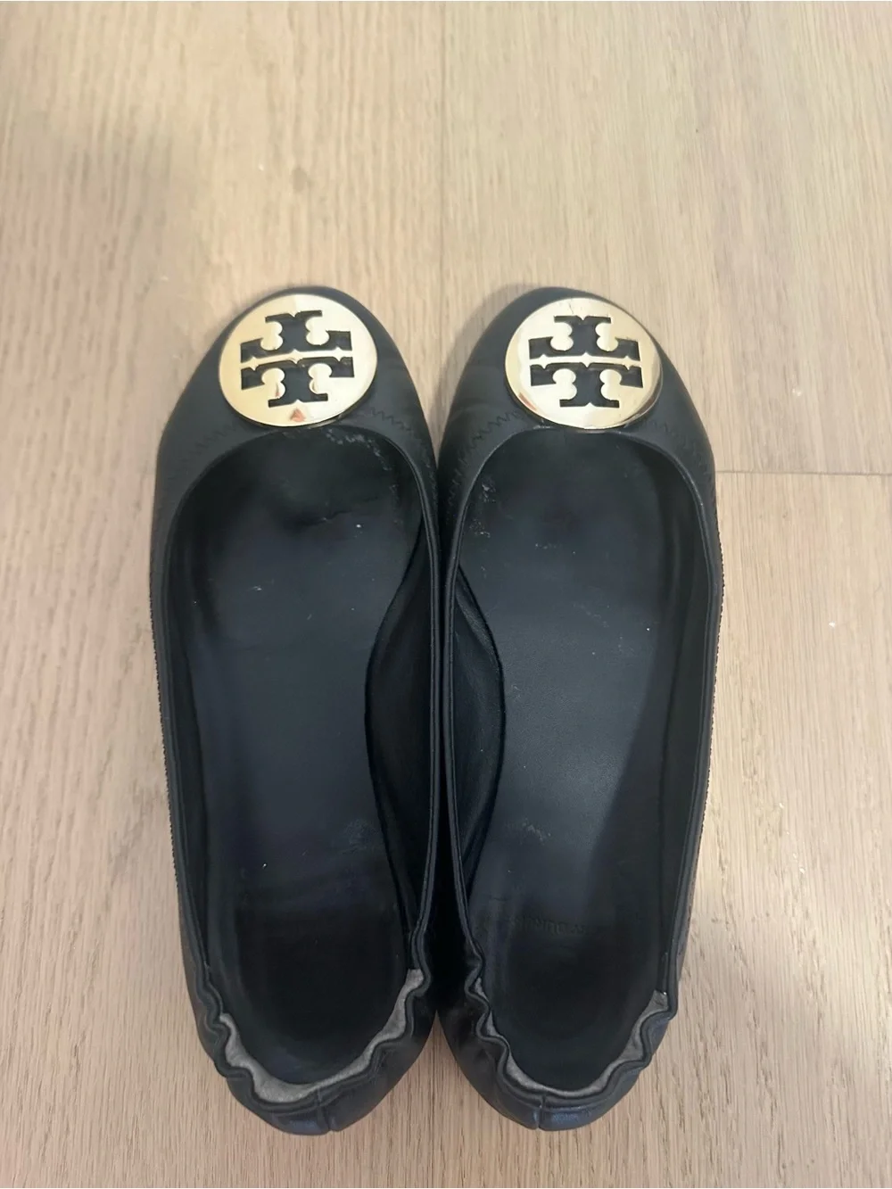 Tory Burch Black Leather Ballet Flats with Gold Logo